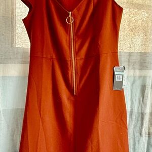 Sharagano Orange Midi A-Line Dress with V-Neck for Casual Work